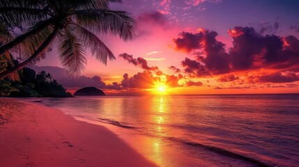 Majestic tropical sunset casting vibrant light across the ocean and beach