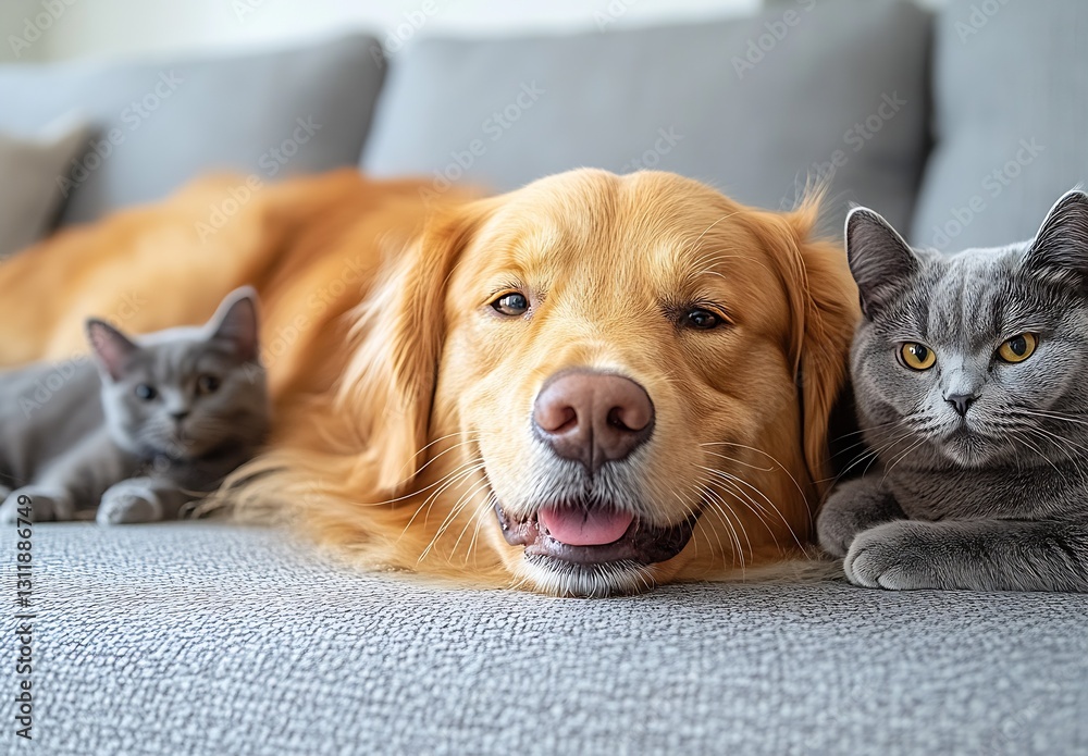 Poster golden retriever lounging comfortably between two playful grey cats in a stylish living room setting