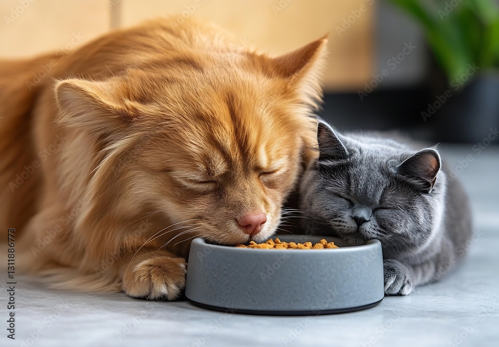 Poster golden retriever and cute gray cat sharing a meal together in home setting : generative ai