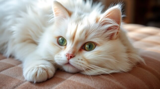 hygge , simple pleasures, cat's dzen, Serene cat portrait with striking green eyes lounging on a cozy surface, Pet Photography for Blogs, Websites, and Social Media Campaigns