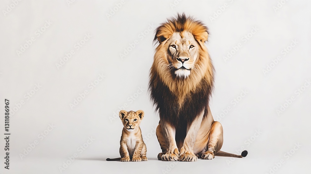 Poster regal lion and playful cub posing together against a minimalist background : generative ai