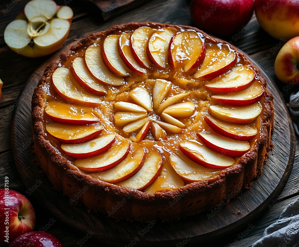 Poster Homemade Apple Cake with Slices and Fresh Apples on Rustic Wooden Background : Generative AI