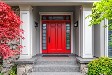Red door with a glass window sits in front of a house with a stone wall.