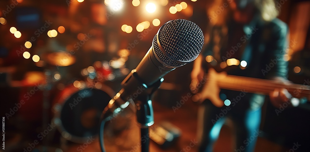 Aufkleber vibrant close up of a microphone on stage with blurred musicians in the background : generative ai
