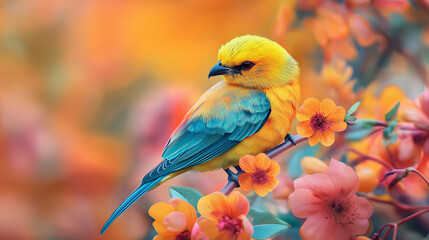 Fototapeta premium A colorful small sparrow sitting on flowers.