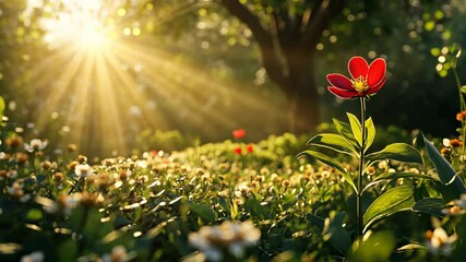 Vibrant red flower blooms under sun rays in a lush green garden during early morning in spring - Powered by Adobe