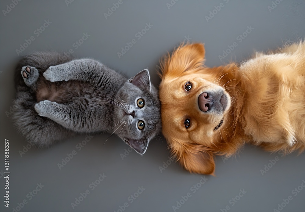 Poster joyful golden retriever and playful gray cat lying together on a soft gray surface : generative ai