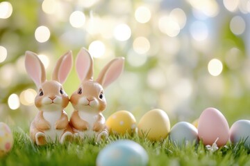 Fototapeta premium Easter bunny figurines and pastel eggs on lush green grass for spring decor