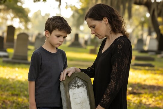 Sad woman and child at cemetery mourning loss and remembering loved one