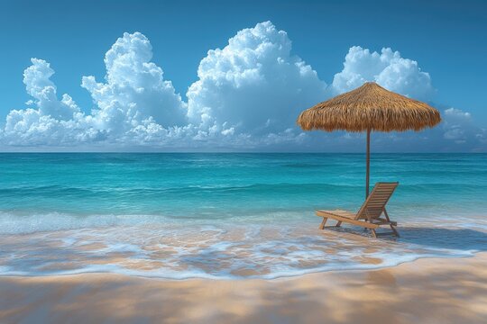 Experience ultimate relaxation at this serene tropical beach with a wooden sun lounger and umbrella, perfect for unwinding in paradise.