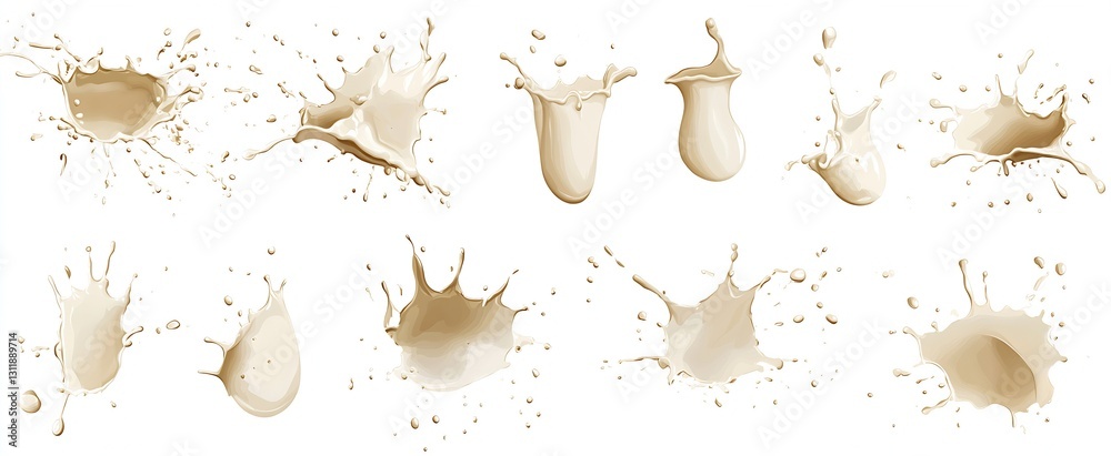 Poster Intriguing splashes of light brown liquid in various forms showcasing motion and energy isolated on white background : Generative AI