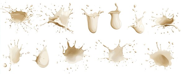 Intriguing splashes of light brown liquid in various forms showcasing motion and energy isolated on white background : Generative AI