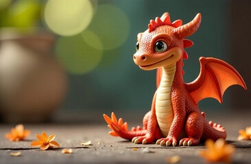 Fototapeta premium A drawn cute smiling green dragon with wings sits and looks into the camera, place for the text, a congratulatory card.