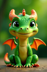 Fototapeta premium A drawn cute smiling green dragon with wings sits and looks into the camera, place for the text, a congratulatory card.
