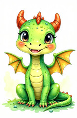 Fototapeta premium A drawn cute smiling green dragon with wings sits and looks into the camera, place for the text, a congratulatory card.