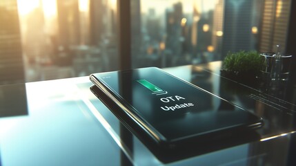 Smartphone Displaying OTA Update Notification on a Glass Surface
