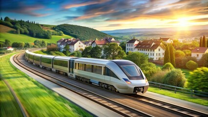 Naklejka premium High-speed rail transportation gracefully glides through a picturesque rural landscape at sunset, showcasing a harmonious blend of modern technology and idyllic scenery.