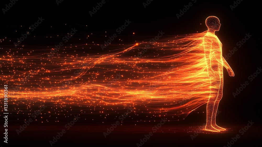 Poster human figure representation with glowing particles illustrating energy and motion in dark ambiance :
