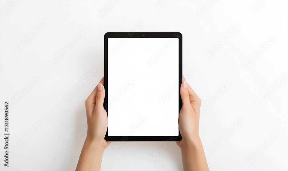 Poster Empty digital tablet held in hands with a clean white screen on blank background : Generative AI