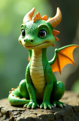 Fototapeta premium A drawn cute smiling green dragon with wings sits and looks into the camera, place for the text, a congratulatory card.