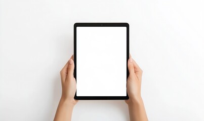 Empty digital tablet held in hands with a clean white screen on blank background : Generative AI