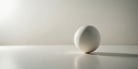 A single, pristine white egg rests gently on a smooth, reflective surface, bathed in soft, diffused light, casting a subtle shadow that enhances its simple elegance.