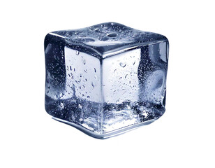 Obraz premium A single, perfectly formed ice cube glistens, its surface glistening with condensation. The cube casts a dramatic shadow, highlighting its crystalline structure and purity.