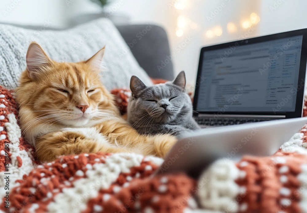Poster Two Cats Relaxing Together on a Cozy Blanket with a Laptop in the Background : Generative AI