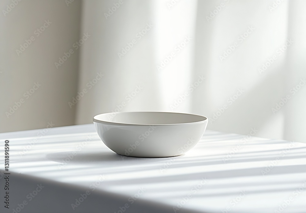 Poster minimalist white bowl casting soft shadows on a table in bright natural light : generative ai