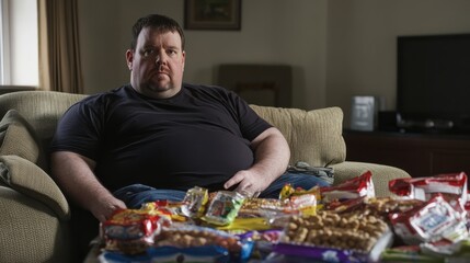 Obraz premium Obesity awareness: Unhealthy eating habits portrayed through a man enjoying snacks in a relaxed home setting.