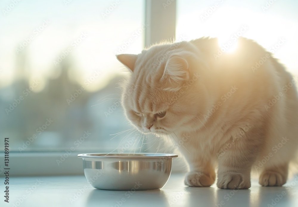Aufkleber fluffy cat enjoying a meal from a stainless steel bowl with sunlight streaming through the window : 