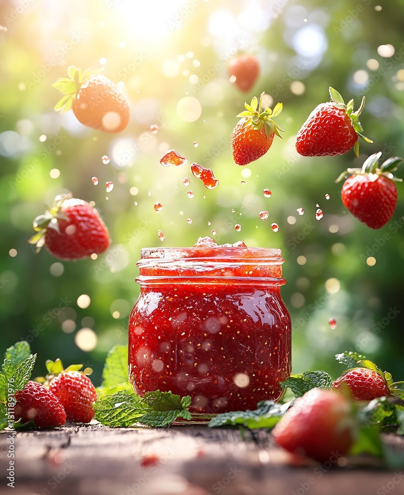 Aufkleber fresh strawberries flying above a jar of homemade jam with sparkling sunlight in green background : 