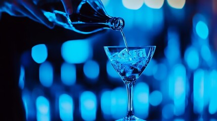 Elegant bartender pouring sparkling water into a martini glass with ice in a vibrant blue setting