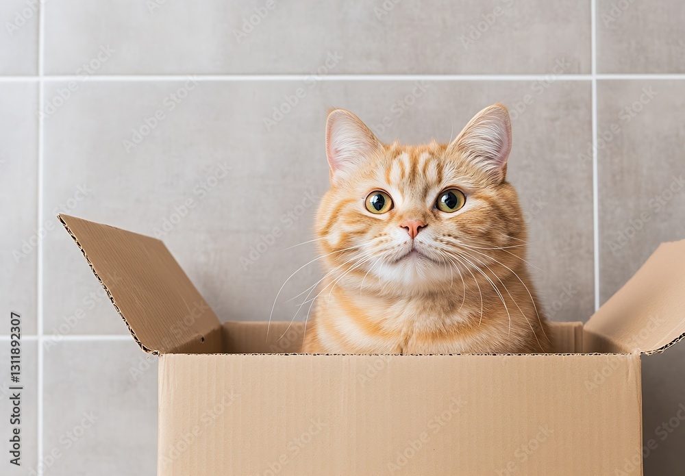 Poster Charming ginger cat sitting in a cardboard box with a curious expression : Generative AI