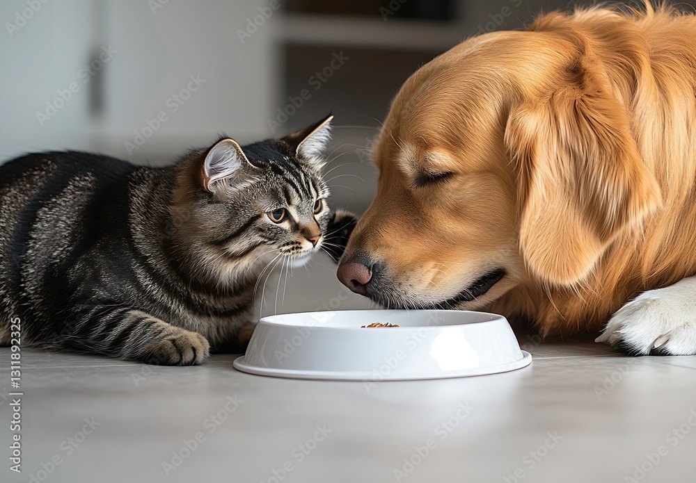 Poster golden retriever and tabby cat sharing a meal together in cozy indoor setting : generative ai