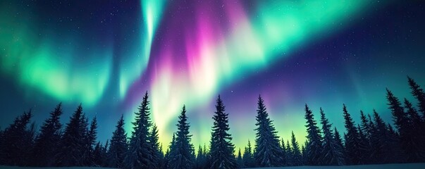 Fototapeta premium Aurora borealis northern lights concept. Breathtaking aurora borealis illuminates the night sky over a tranquil forest.