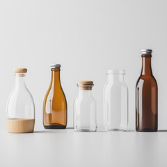 Five Empty Glass and Amber Bottles and Jars on Gray Surface