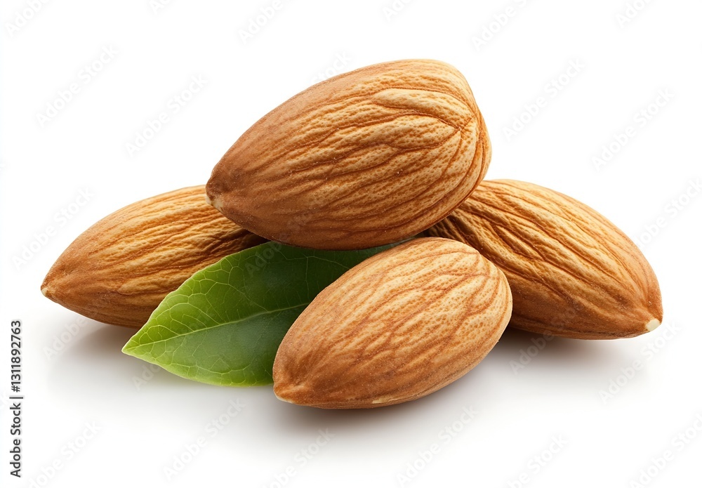 Poster fresh raw almond nuts with unique texture and green leaves on white background : generative ai