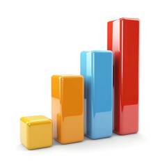 Colorful 3D bar graph depicting growth, highlighting vibrant orange, blue, and red bars against a clean, white background.