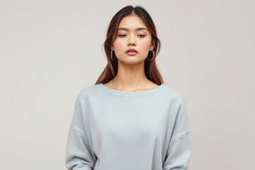 Obraz premium Portrait of a serene Asian woman in a soft blue sweater, exuding calm and elegance