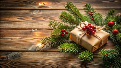Fototapeta premium Rustic Wooden Background Featuring a Wrapped Gift Adorned with Festive Holly and Evergreen Branches, Illuminated by Soft Warm Lights