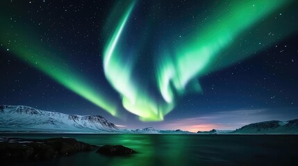 Aurora borealis northern lights concept. Stunning view of the Northern Lights dancing over a tranquil Arctic landscape.