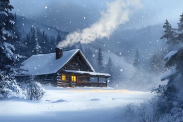 Cozy log cabin in a snowy landscape creates a serene winter wonderland atmosphere