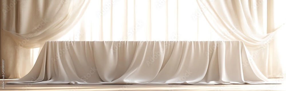 Leinwandbilder Elegant table draped with soft white fabric creating a warm and inviting atmosphere : Generative AI