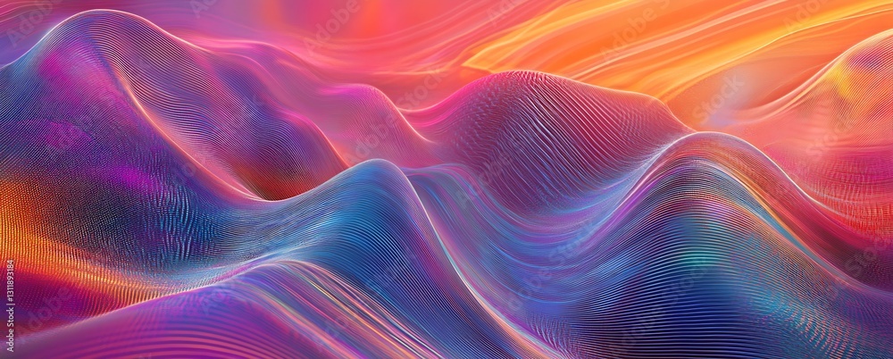 Poster vibrant abstract landscape of flowing waves in rainbow hues evoking a sense of motion and color dyna