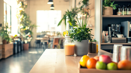 Bright cafe scene with fresh juice, fruits, and plants, evoking a healthy and inviting atmosphere. 