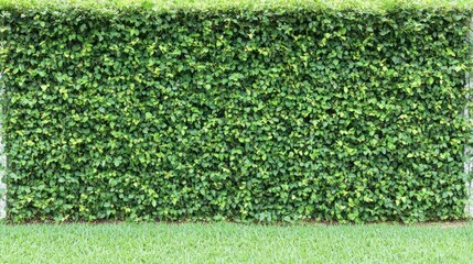 Green Hedge Wall with Lush Foliage and Grass Lawn Background