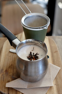 Chai latte prepared on table in cafe