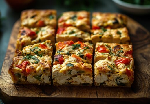 Freshly baked chicken and vegetable frittata slices on a rustic wooden board ready to serve, garnished with herbs and vibrant colors