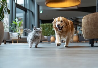 Fototapeta na wymiar Playful golden retriever and curious gray cat walking together in modern indoor space : Generative AI